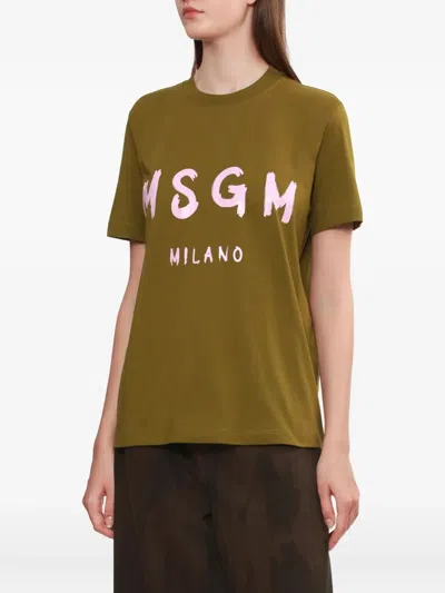 Msgm Logo Print Cotton T-shirt Clothing In Green