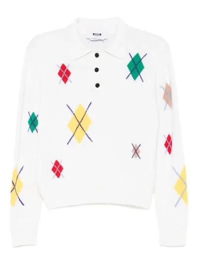 Msgm Argyle Pattern Long-sleeved Polo Shirt In White