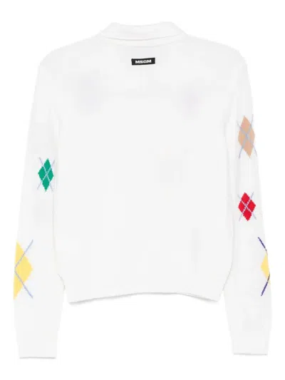 Msgm Argyle Pattern Long-sleeved Polo Shirt In White