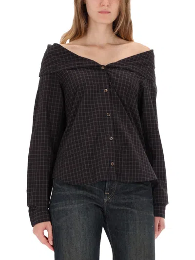 Our Legacy Off-the-shoulder Black Shirt With Subtle Grid Pattern In Black