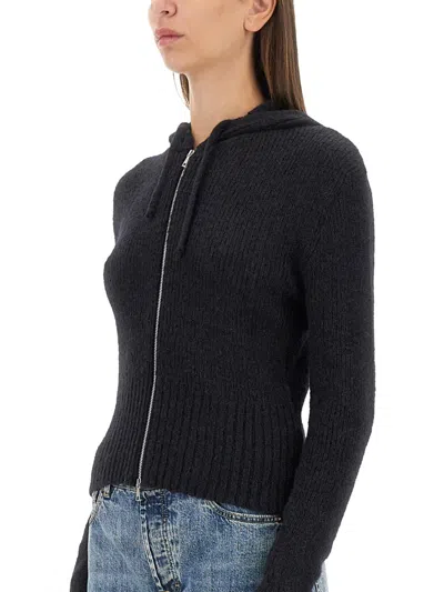 Our Legacy Hooded Zip-up Knit Sweater With Ribbed Details In Animal Print