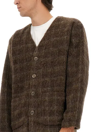 Our Legacy Embroidered Wool Blend V-neck Cardigan With Front Pockets In Brown