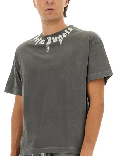 Palm Angels Neck Logo Regular T-shirt In Gray