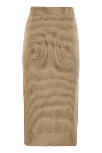 Peserico Fitted Long Skirt In Textured Knit Wool In Brown
