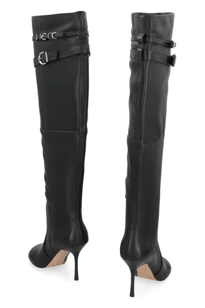 Pinko Pointed Toe Knee-high Boots With Decorative Straps In Black