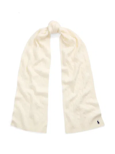 Polo Ralph Lauren Cable-knit Wool Scarf With Embroidered Logo In Neutral