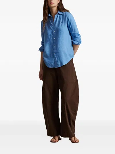 Polo Ralph Lauren Womens Blue Brand-embroidered Long-sleeved Linen Shirt In Blue