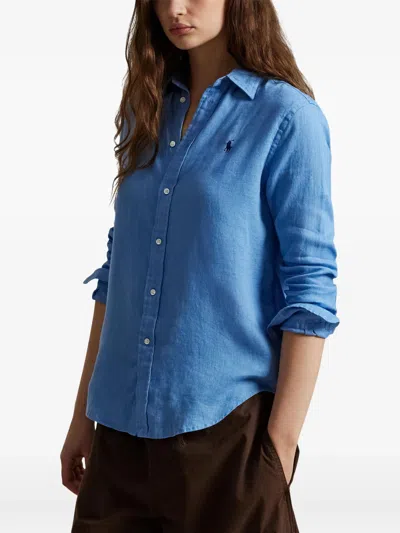 Polo Ralph Lauren Womens Blue Brand-embroidered Long-sleeved Linen Shirt In Blue