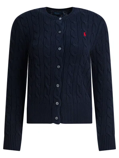 Polo Ralph Lauren Braided Crewneck Cardigan With Logo In Blue