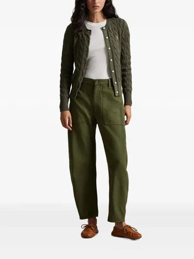 Polo Ralph Lauren Crew Neck Cardigan In Cable-knit Cotton In Green