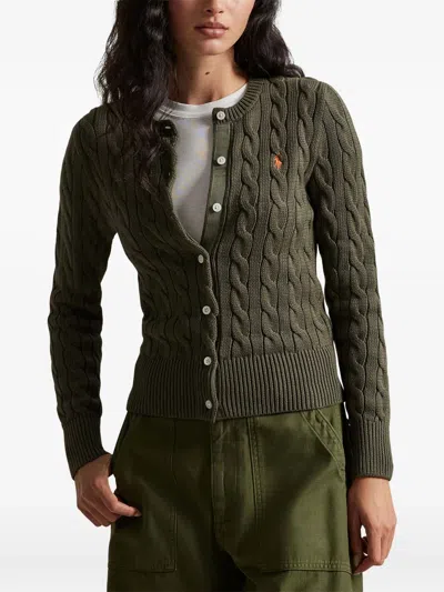 Polo Ralph Lauren Crew Neck Cardigan In Cable-knit Cotton In Green