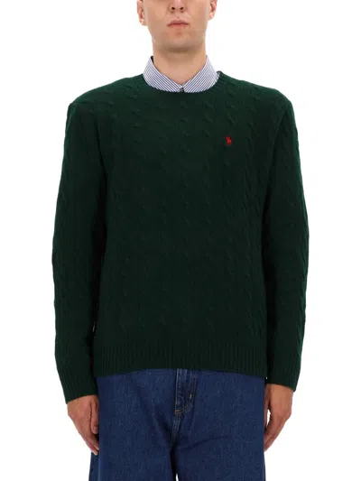 Polo Ralph Lauren Green Cable Knit Crewneck Sweater With Pony Embroidery On The Front In Wool And Cashmere Man