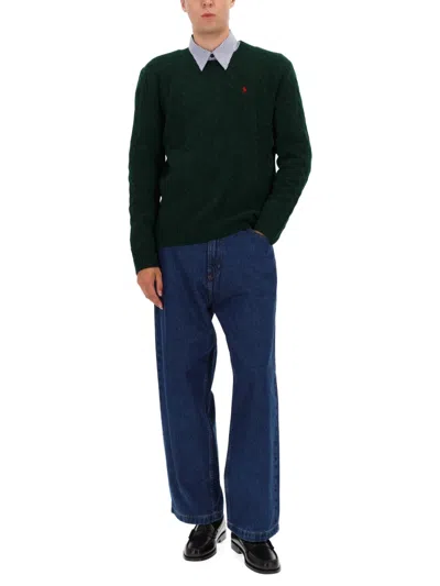 Polo Ralph Lauren Green Cable Knit Crewneck Sweater With Pony Embroidery On The Front In Wool And Cashmere Man