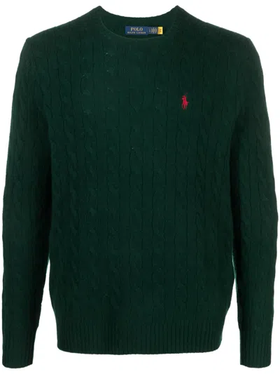 Polo Ralph Lauren Green Cable Knit Crewneck Sweater With Pony Embroidery On The Front In Wool And Cashmere Man