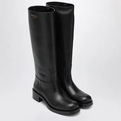 Prada Knee-high Leather Block Heel Boots In Black