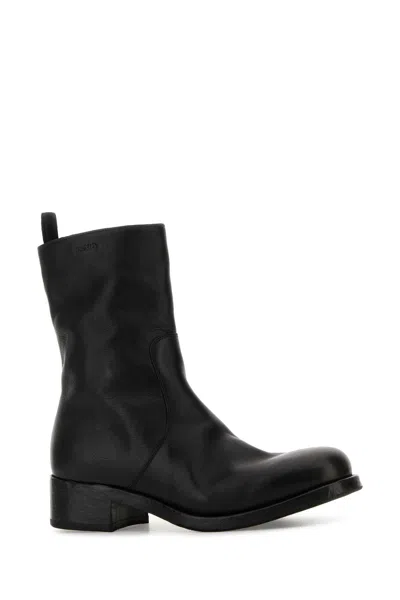 Prada Round Toe Leather Ankle Boots With Block Heel In Black