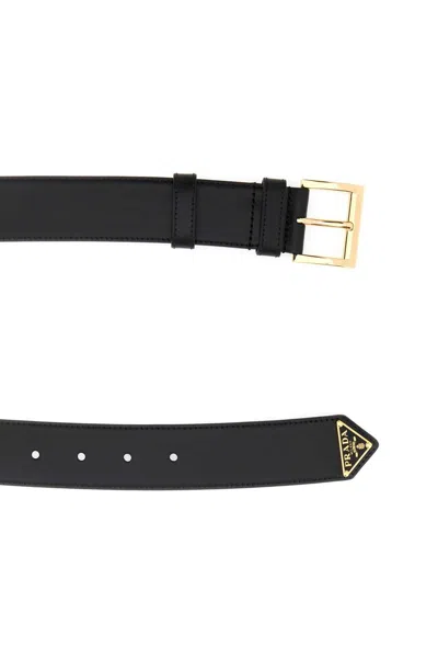 Prada Black Leather Belt With Triangle Logo In Black