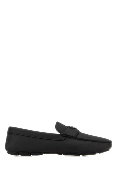 Prada Leather Loafers With Round Toe And Rubber Sole In Black