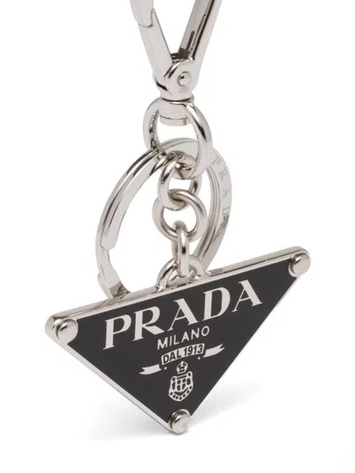 Prada Two-tone Leather And Metal Keychain In Silver
