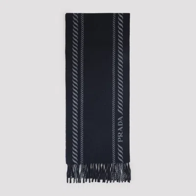 Prada Striped Pattern Scarf Fringed Edges In Blue