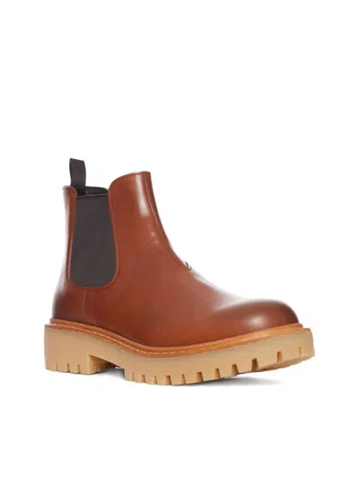 Prada Brown Leather Boots With Elastic Side Panels And Durable Sole In Brown