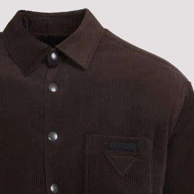 Prada Long Sleeve Corduroy Shirt Chest Pocket In Brown