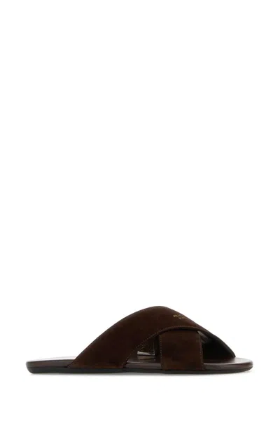 Prada Brown Suede Slippers In Brown
