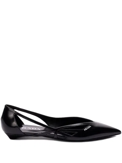 Prada Brushed Leather Cut-out Ballerinas In Black