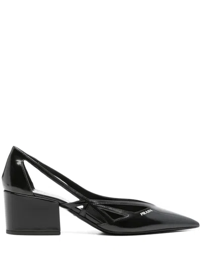 Prada Brushed Leather Cut-out Pumps Shoes In Black