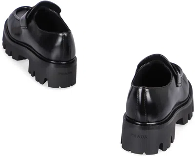 Prada Black Leather Platform Moccasin With Logo In Black