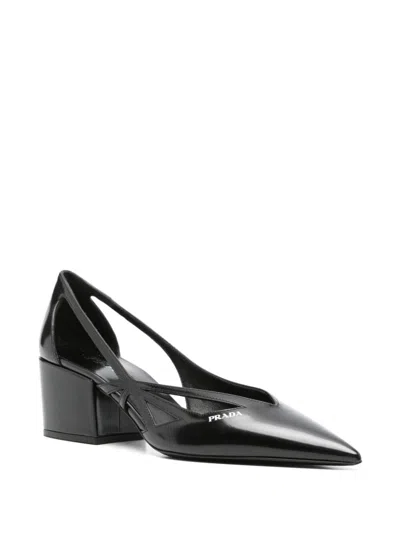 Prada Brushed Leather Cut-out Pumps Shoes In Black
