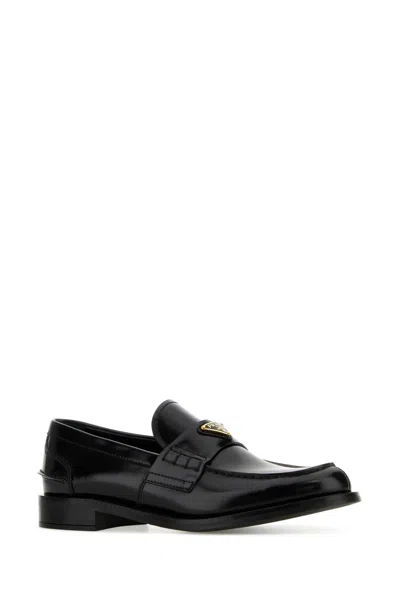 Prada Brushed Leather Loafers With Leather Band In Black