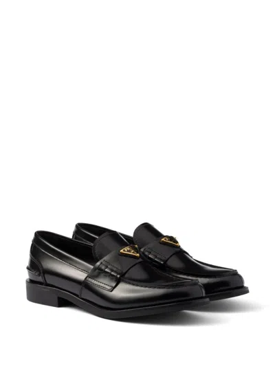 Prada Brushed Leather Loafers With Leather Band In Black