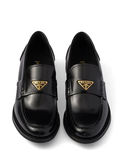 Prada Brushed Leather Loafers With Leather Band In Black