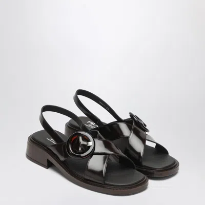 Prada Brushed Leather Sandals With A Burnt Color Buckle In Black