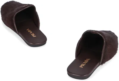 Prada Fur Leather Mules In Brown