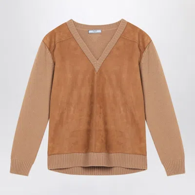 Prada Camel-colored Wool And Suede Sweater In Orange