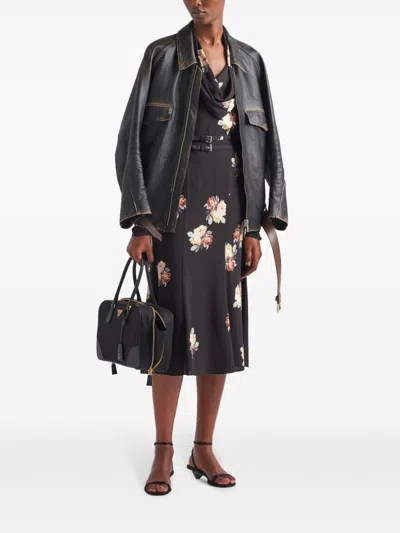 Prada Floral Cowl-neck Leather Belted Midi Dress In Black