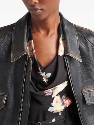 Prada Floral Cowl-neck Leather Belted Midi Dress In Black