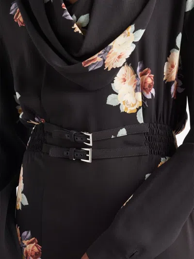 Prada Floral Cowl-neck Leather Belted Midi Dress In Black