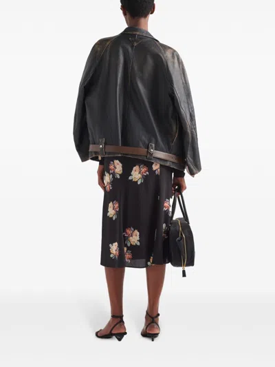 Prada Floral Cowl-neck Leather Belted Midi Dress In Black
