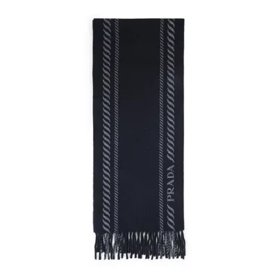 Prada Striped Pattern Scarf Fringed Edges