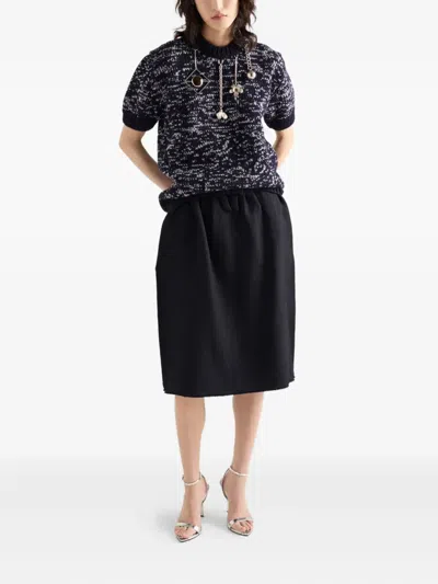 Prada Chevron Wool Midi Skirt With Bow Detail In Black