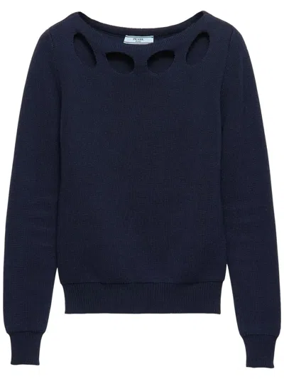 Prada Cotton Boat Neck Sweater In Blue