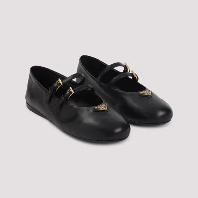 Prada Double-buckle Leather Ballerinas In Black