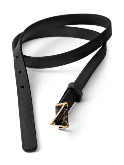 Prada Gold Metal Buckle Saffiano Leather Belt In Black