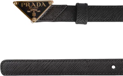 Prada Gold Metal Buckle Saffiano Leather Belt In Black