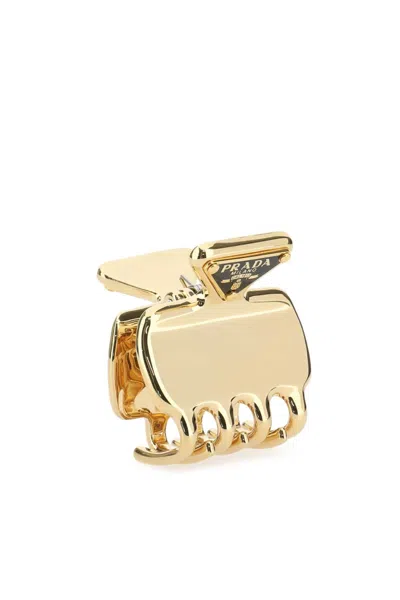 Prada Metal Hair Clip Claw Design Finish In Gold