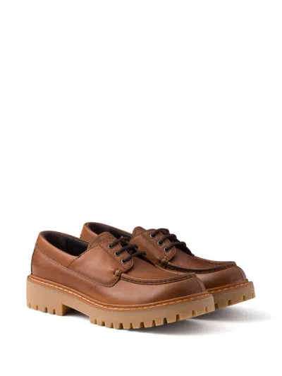 Prada Chunky Sole Lace-up Loafers With Round Toe In Beige O Tan