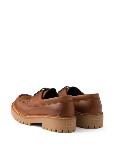 Prada Chunky Sole Lace-up Loafers With Round Toe In Beige O Tan